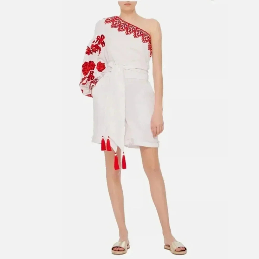 Yuliya Magdych Gzhel Playsuit Jumpsuit Dress Shorts One Shoulder Embroidered S